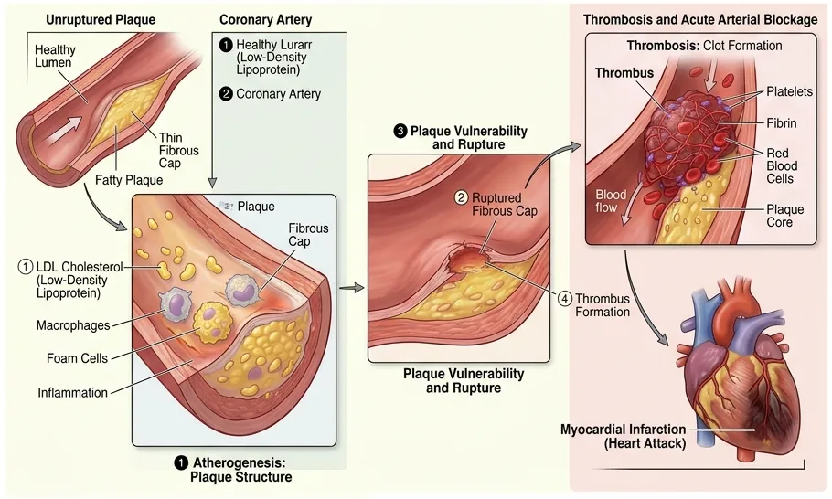 Medical diagram showing atherogenesis, plaque rupture, and thrombosis forming a blood clot in the coronary artery