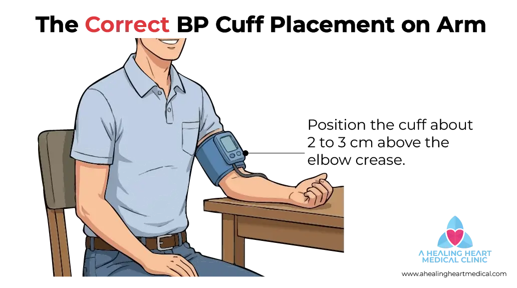 Zoomed view of man showing blood pressure cuff placement 2cm above elbow