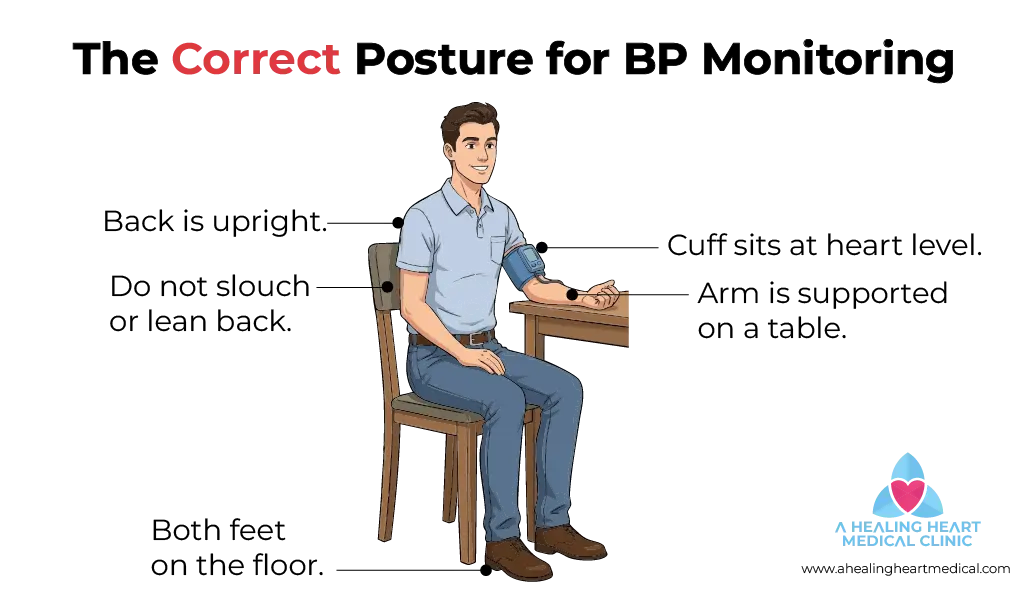 He is demonstrating correct posture for blood pressure measurement side profile