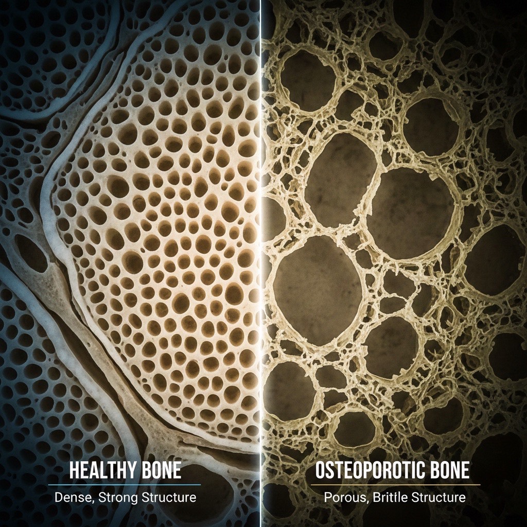 Microscopic comparison of healthy dense bone versus porous osteoporotic bone